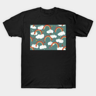 Clouds, rainbows and love hearts on a teal background T-Shirt